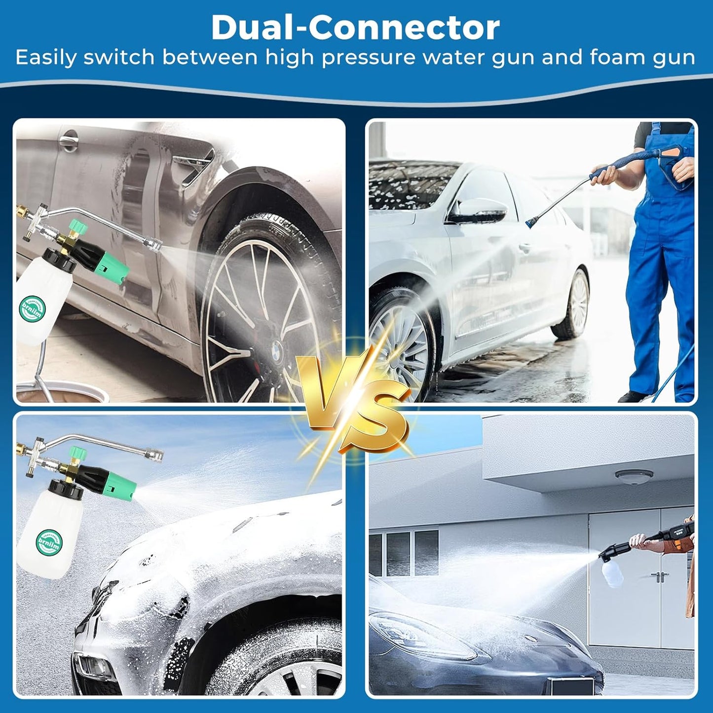 Pressure Washer Gun with Foam Cannon Car Wash Kit, Dual Channels-Foam/Water in 1s,1/4 Inch Quick Dual Connector Accessory for Car Wash Foam Gun & Pressure Washer Gun,with 5-Nozzle 3/8″ Swivel QC