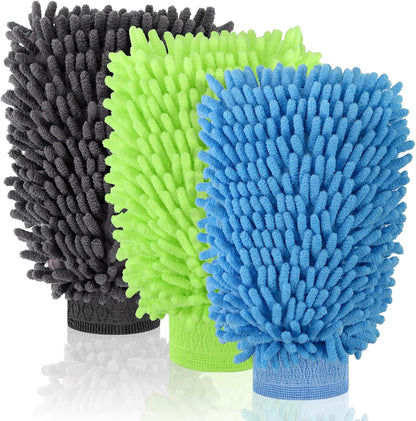 3 Pack Chenille Microfiber Car Wash Mitt, 7" x 9.6" Car Washing Mitts, Home Dusting Gloves, Scratch Free Lint-Free, Highly Absorbent, Double Sided, for Cleaning Detailing Polish (Green)