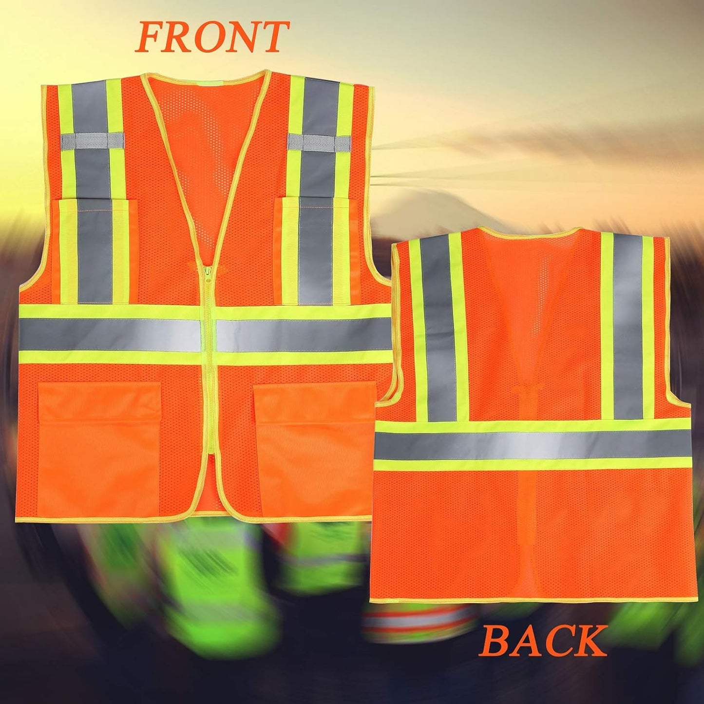 High Visibility Reflective Safety Vest with Zipper and Pockets Orange,M