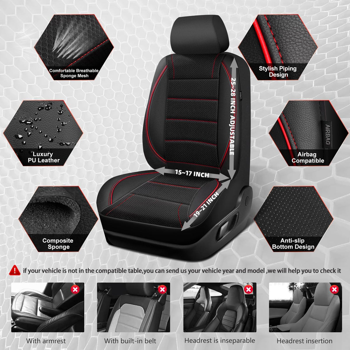 CAR PASS Universal FIT Piping Leather Two Front Seat Covers, Waterproof Faux Leather for SUV Sedan Van Truck, Airbag Compatible,Reserved Opening Holes for Headrest Covers. (Black red)