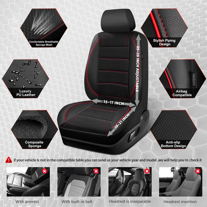 CAR PASS Universal FIT Piping Leather Two Front Seat Covers, Waterproof Faux Leather for SUV Sedan Van Truck, Airbag Compatible,Reserved Opening Holes for Headrest Covers. (Black red)