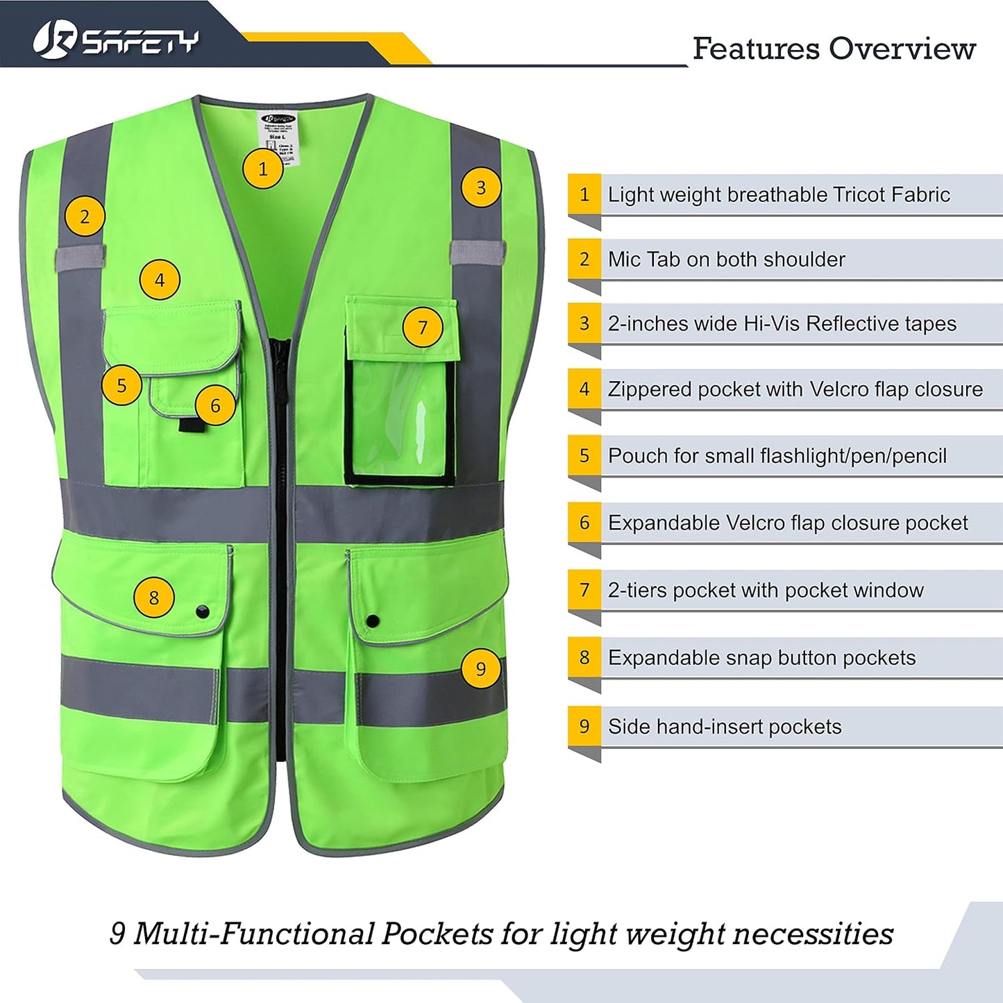 JKSafety 9 Pockets Class 2 High Visibility Zipper Front Safety Vest With Reflective Strips,Meets ANSI/ISEA Standard (Large, 150-Yellow) - Colors B