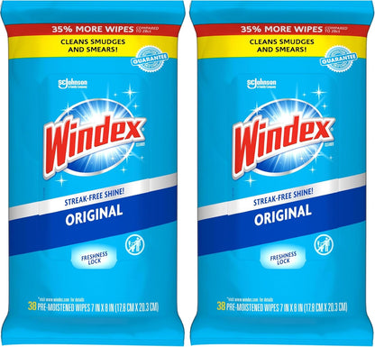 Windex Wipes Glass Cleaning, Pre-Moistened Glass and Surface Wipes to Clean Home Surfaces, Household Essentials, Original Scent, 38 Count (Pack of 1)