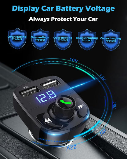 LIHAN Handsfree Calling Car Charger,Wireless Bluetooth 5.3 FM Transmitter Radio Receiver,MP3 Audio Music Adapter,Dual USB Ports,Compatible for iPhone Samsung Smartphones,Spotify & GPS Navigation