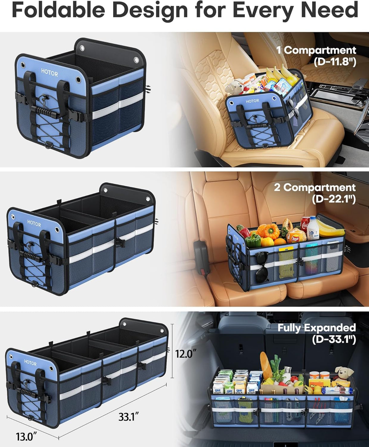 HOTOR Trunk Organizer for SUV – Car Storage Box with Reflective Strips, Collapsible Car Organizer with Large Capacity, Essential Car Accessories for Truck, Van & Sedan, Black, 33.1" x 13.0" x 12.0"
