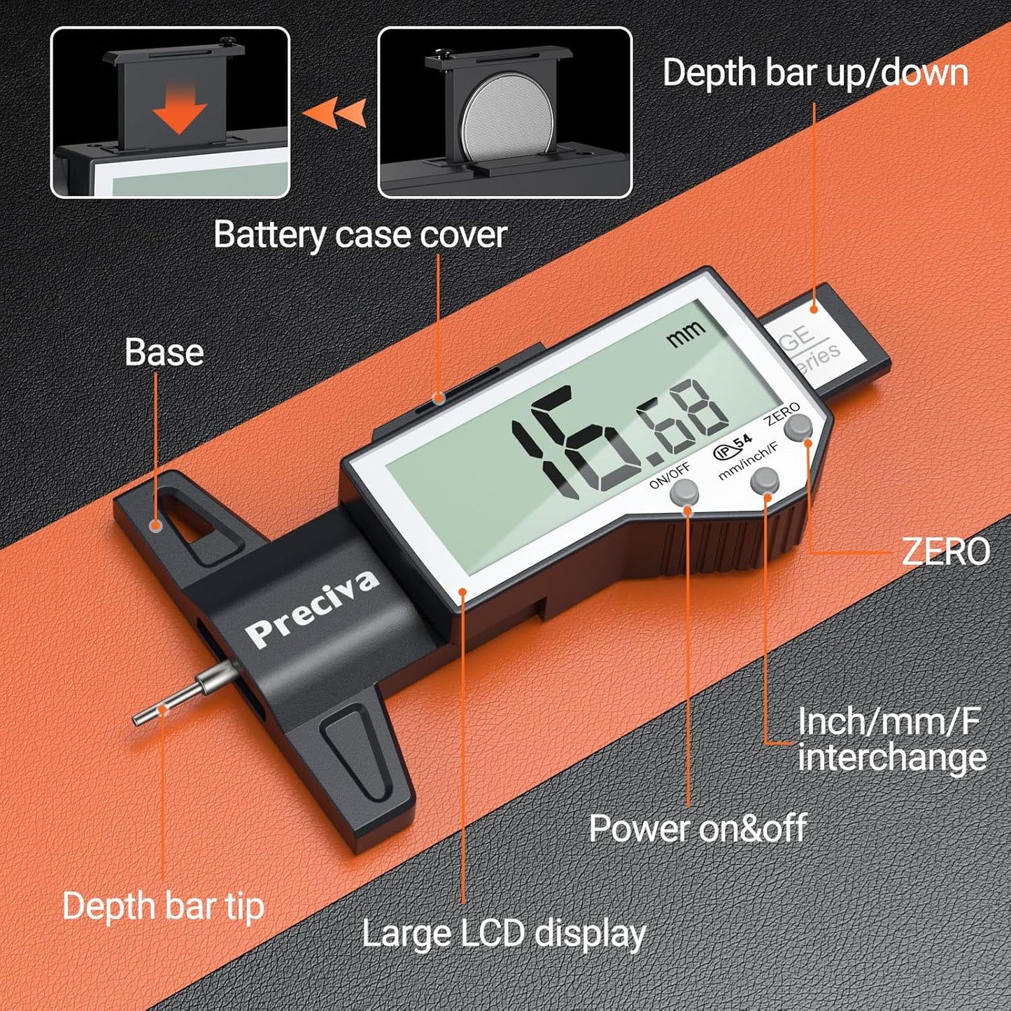 Preciva Tire Tread Depth Gauge, Digital Tire Depth Gauge with Large LCD Display and Inches, Millimeters, Fraction Conversion, Tread Depth Gauge Suitable for Thread Depth, Brake Shoe and Pad Wear