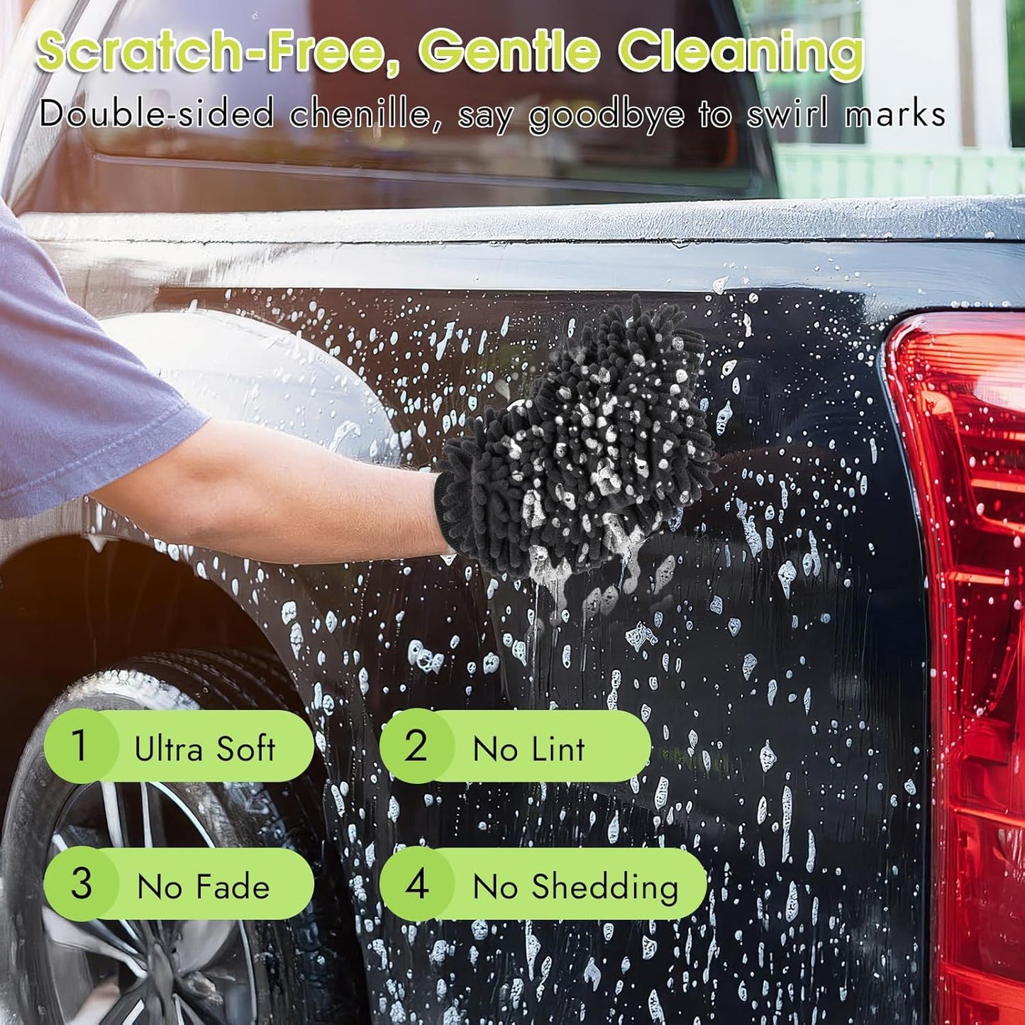 3 Pack Chenille Microfiber Car Wash Mitt, 7" x 9.6" Car Washing Mitts, Home Dusting Gloves, Scratch Free Lint-Free, Highly Absorbent, Double Sided, for Cleaning Detailing Polish (Green)