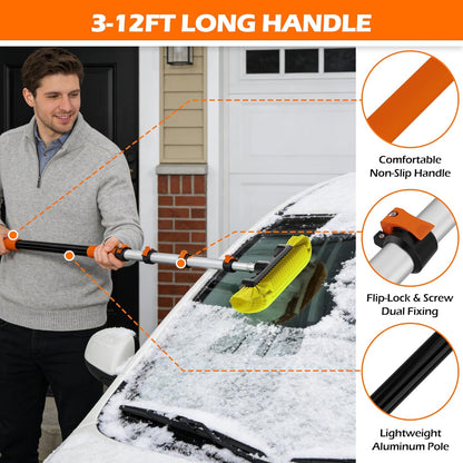 14FT Car Wash Brush with Long Handle, 12-Inch Soft Bristle Car Cleaning Brush for Cleaning RV, Truck, Boat, Solar Panels, Orange