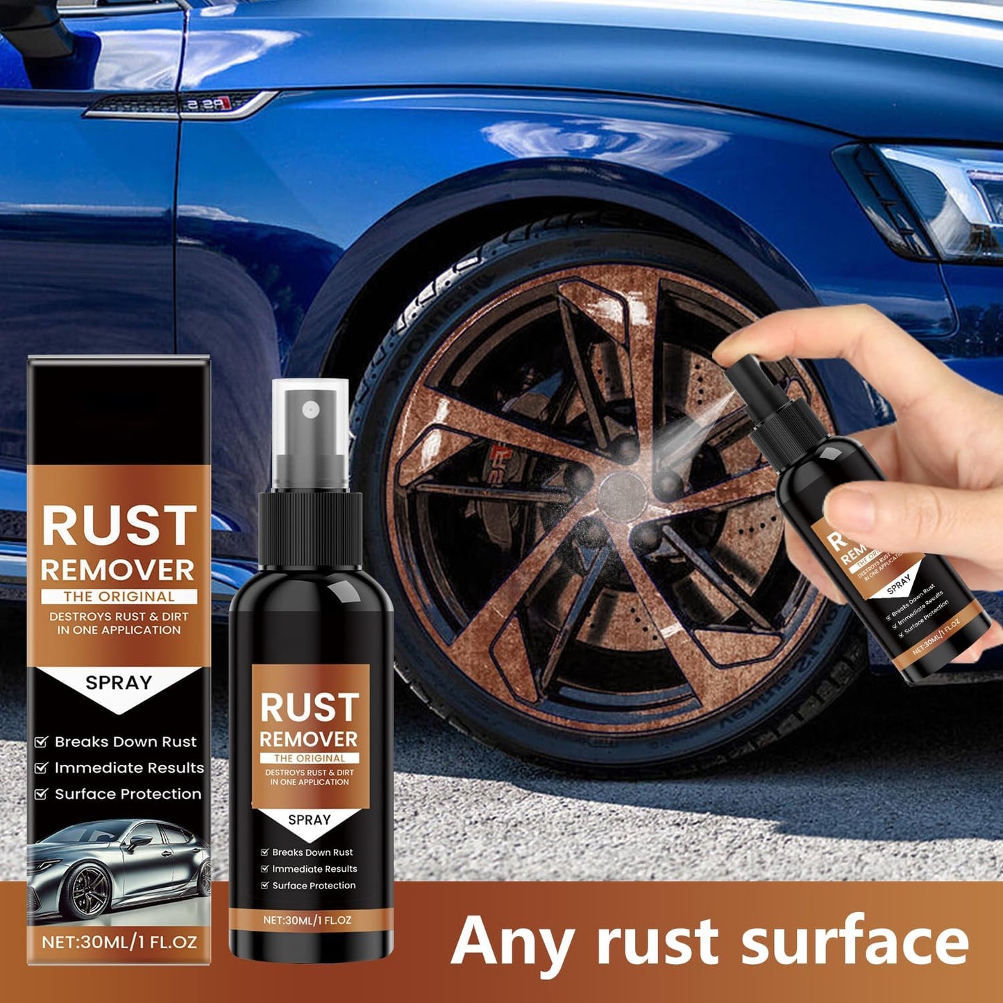 Rust Remover Spray Heavy Duty Metal Cleaner, Upgrade Rust Remover for Metal, Multipurpose Rust Stain Remover Spray, Iron Remover Car Detailing,Heavy Duty Rust Dissolver for Metal (30ML*3Pcs)