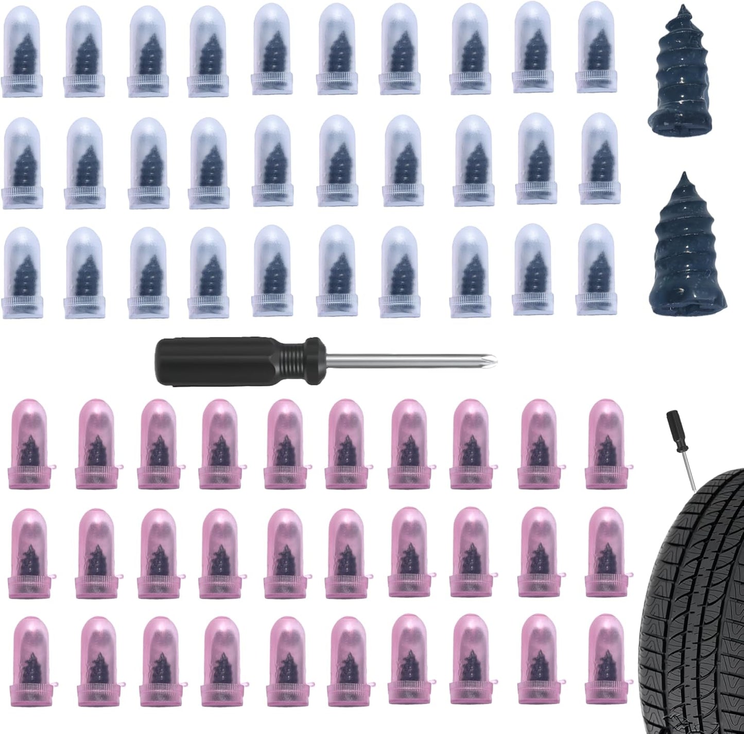 60 PCS Tire Repair Rubber Nail, Vacuum Tire Repair Kits Spiral Rubber Screws, Fast Self-Service Tool for Car, Truck, Motorcycle, Tractor Tire Puncture Repair (Black)