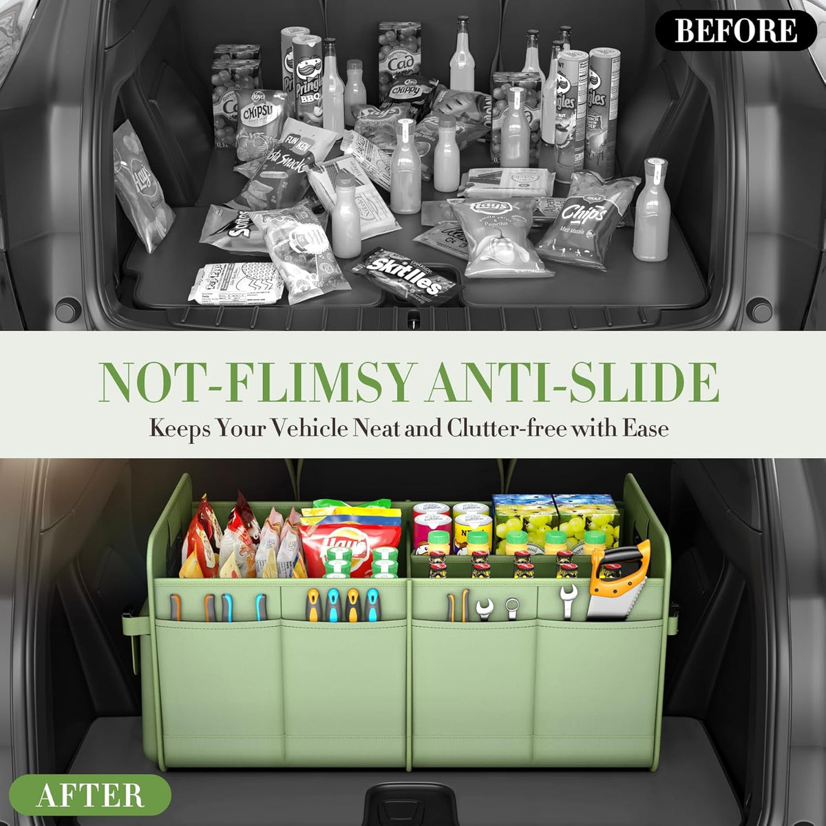 titiyiof Trunk Organizer For Suv & Sedan,Car Organizers and Storage, Waterproof Collapsible & Adjustable Straps,Sturdy Car Organization for Car Accessories, Tools,Food，Sundries,2-3 Compartment（Beige）
