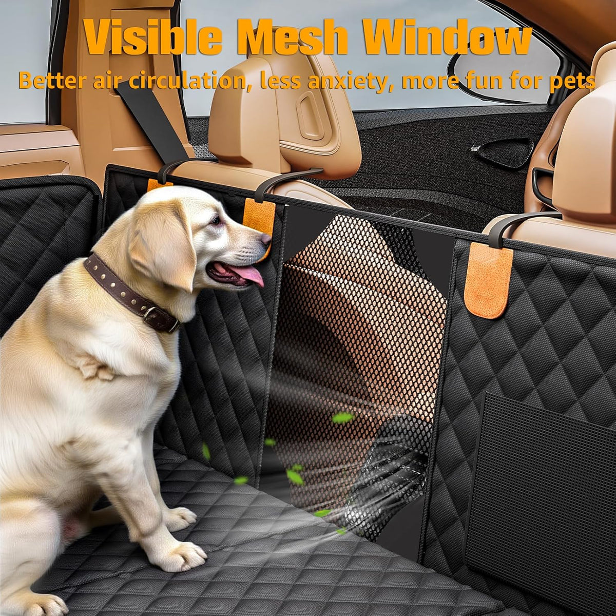 PETICON Back Seat Extender for Dogs, Hard Bottom Dog Car Seat Cover - Supports 400lbs, Rear Seat Pet Cover with Mesh Window, Waterproof Dog Hammock for Car SUV