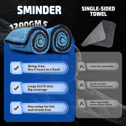 SMINDER 2-Pack 1200 GSM Car Drying Towels – Microfiber Towels for Cars (36" x 24"), Ultra-Absorbent, Streak-Free, Scratch-Free, No Water Spots, Double-Twist Pile & Edgeless Design