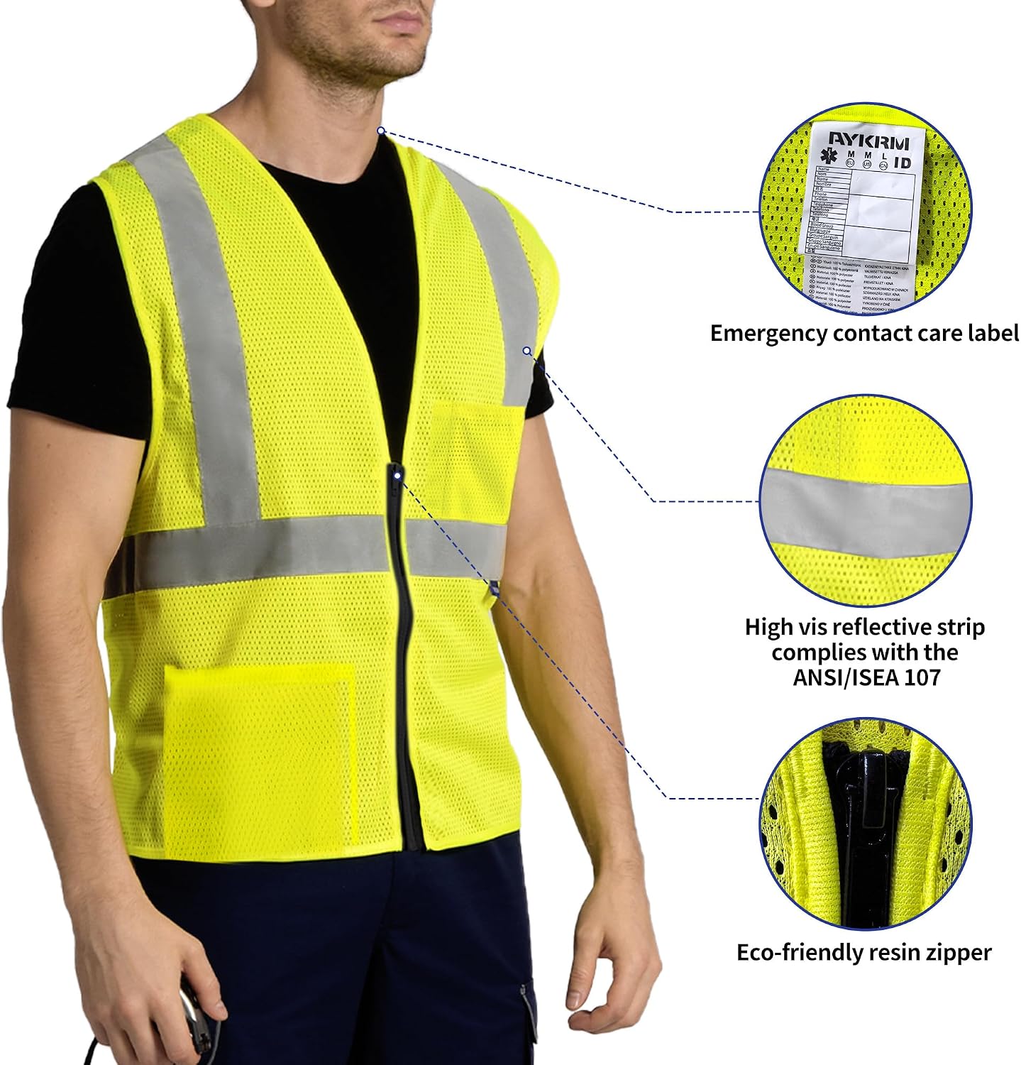 AYKRM 2 Pocket Mesh High Visibility Reflective Safety Vest for men & Women ANSI/ISEA 107 Standards