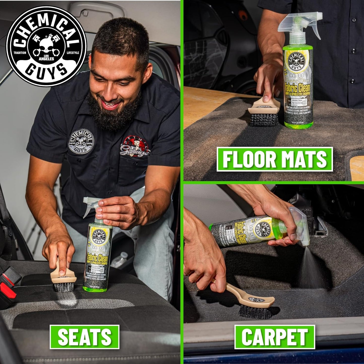 Chemical Guys Sprayable Citrus Fabric Clean Carpet & Upholstery Cleaner (Car Carpets, Seats & Floor Mats), 16 fl oz, Citrus Scent + Induro 7 Heavy Duty Nifty Interior Brush - HOL463