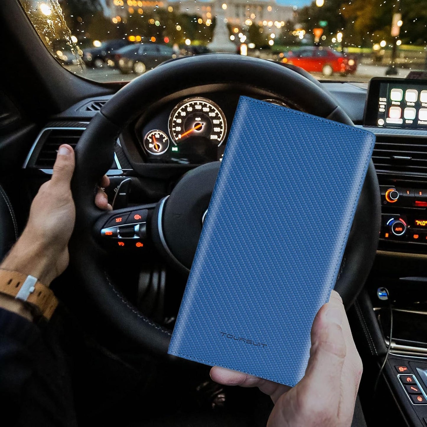 TOURSUIT Car Registration and Insurance Card Holder, Vehicle License Document Glove Box Compartment Organizer, Essential Car Wallet Case for Driver Auto Owners (Carbon Blue)