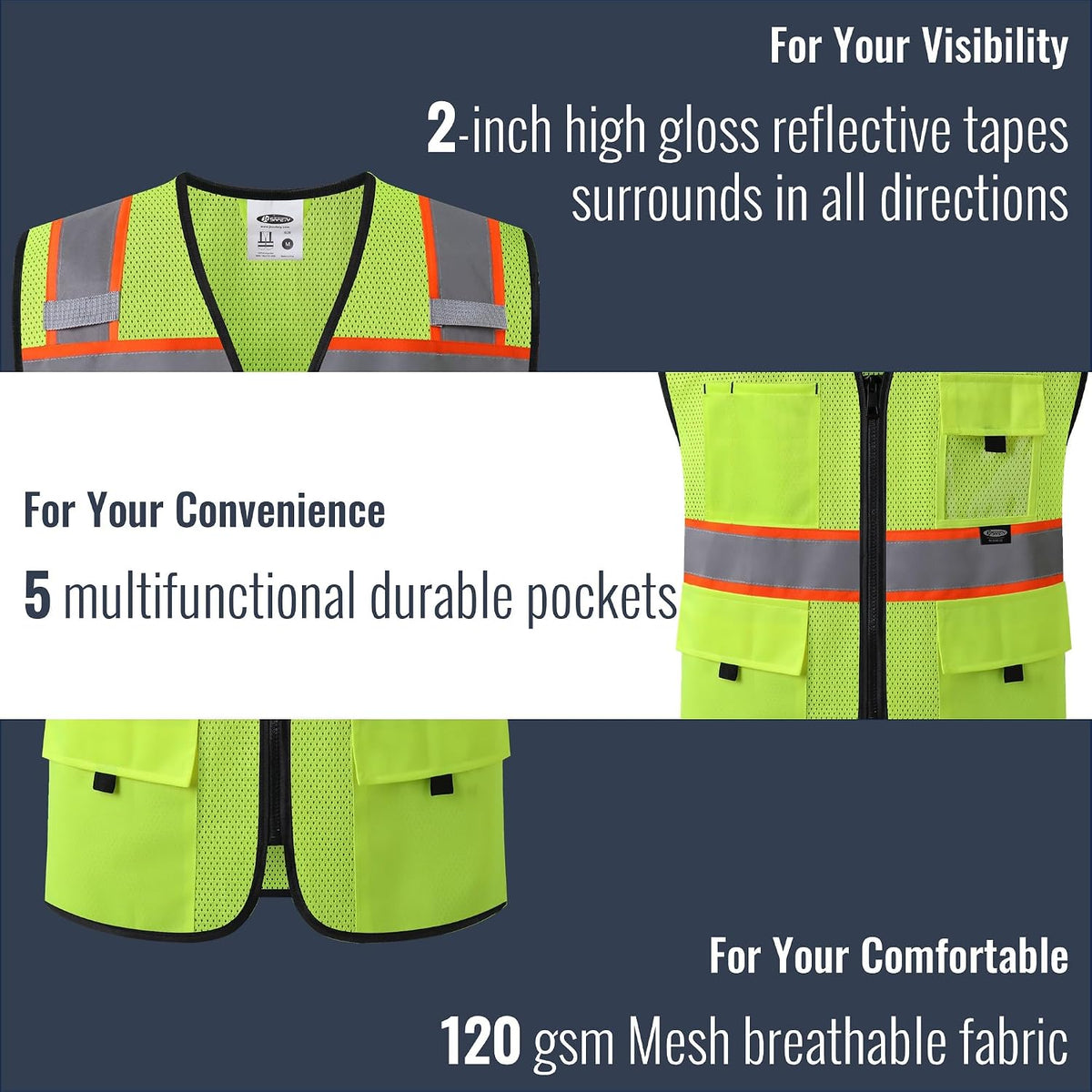 JKSafety Safety Vest for Men Women Hi Vis Relfective Vest with Pockets High Visibility Meet ANSI Standard