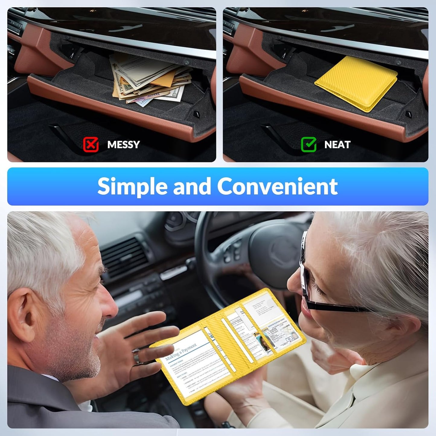 Car Registration and Insurance Card Holder，Vehicle Glove Box Car Organizer，Accessories Case for Storing Driving Licences, Cards, Documents