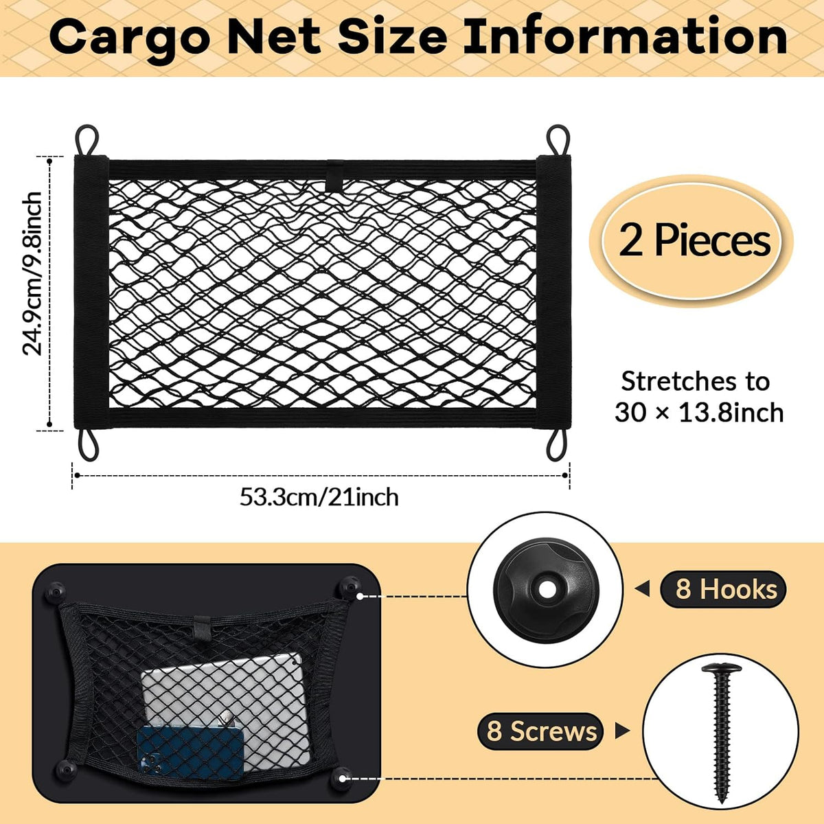 Frienda 2 Pieces Stretchable Small Cargo Net Pocket Storage Mesh Net Elastic Automotive Storage Pouch with 8 Pieces Mounting Screws and Hooks for Truck Car SUV Boats(21 x 9.8 Inches)