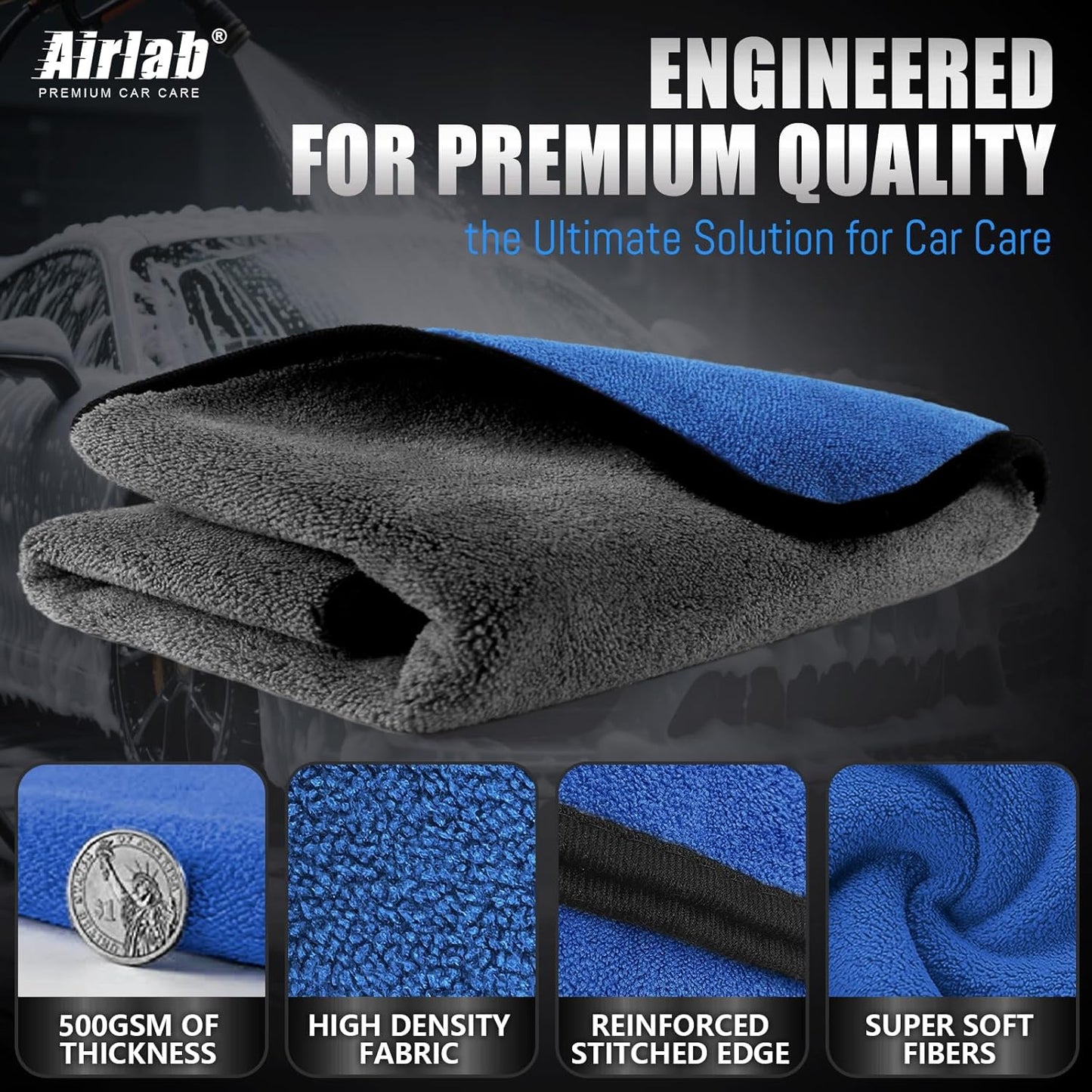 Airlab Microfiber Towels for Cars Wash Drying Thick Plush Cleaning Cloth Auto Detailing Super Absorbent for Interior & Exterior Lint Free, Streak Free, 16" X 16", 800 GSM, Pack of 4