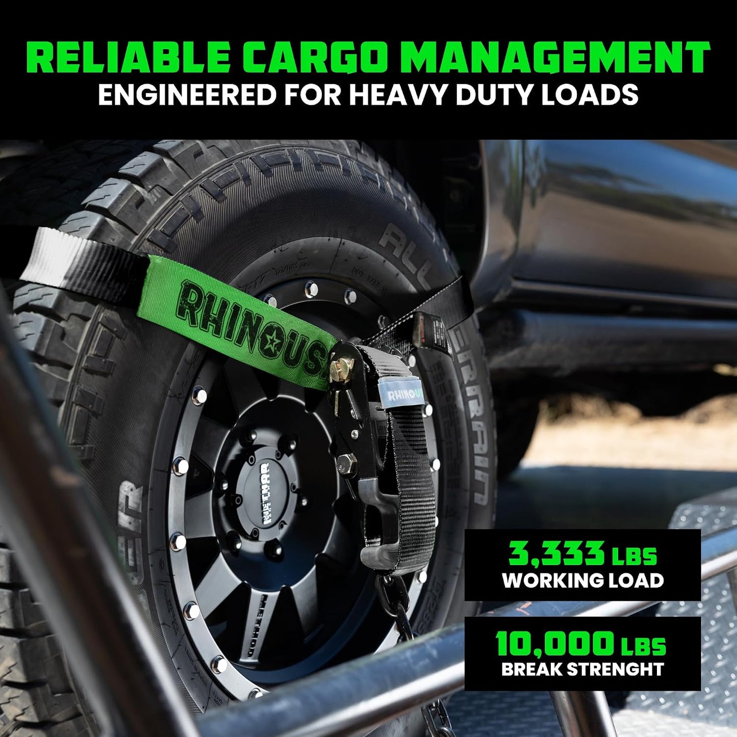 Rhino USA Car Tie Down Straps with J Hooks – 4 Pack 2" x8' – 10,000lbs Break Strength – Heavy Duty T-Handle Car Hauler Tire Lasso Wheel Straps for Trailers, UTV & Powersports – Black