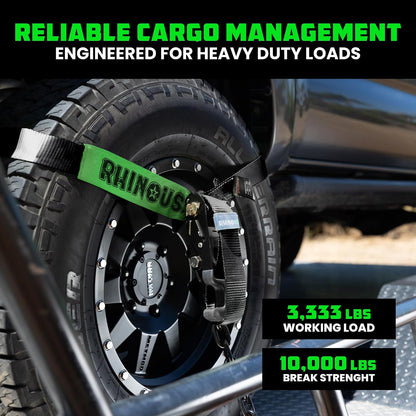 Rhino USA Car Tie Down Straps with J Hooks – 4 Pack 2" x8' – 10,000lbs Break Strength – Heavy Duty T-Handle Car Hauler Tire Lasso Wheel Straps for Trailers, UTV & Powersports – Black