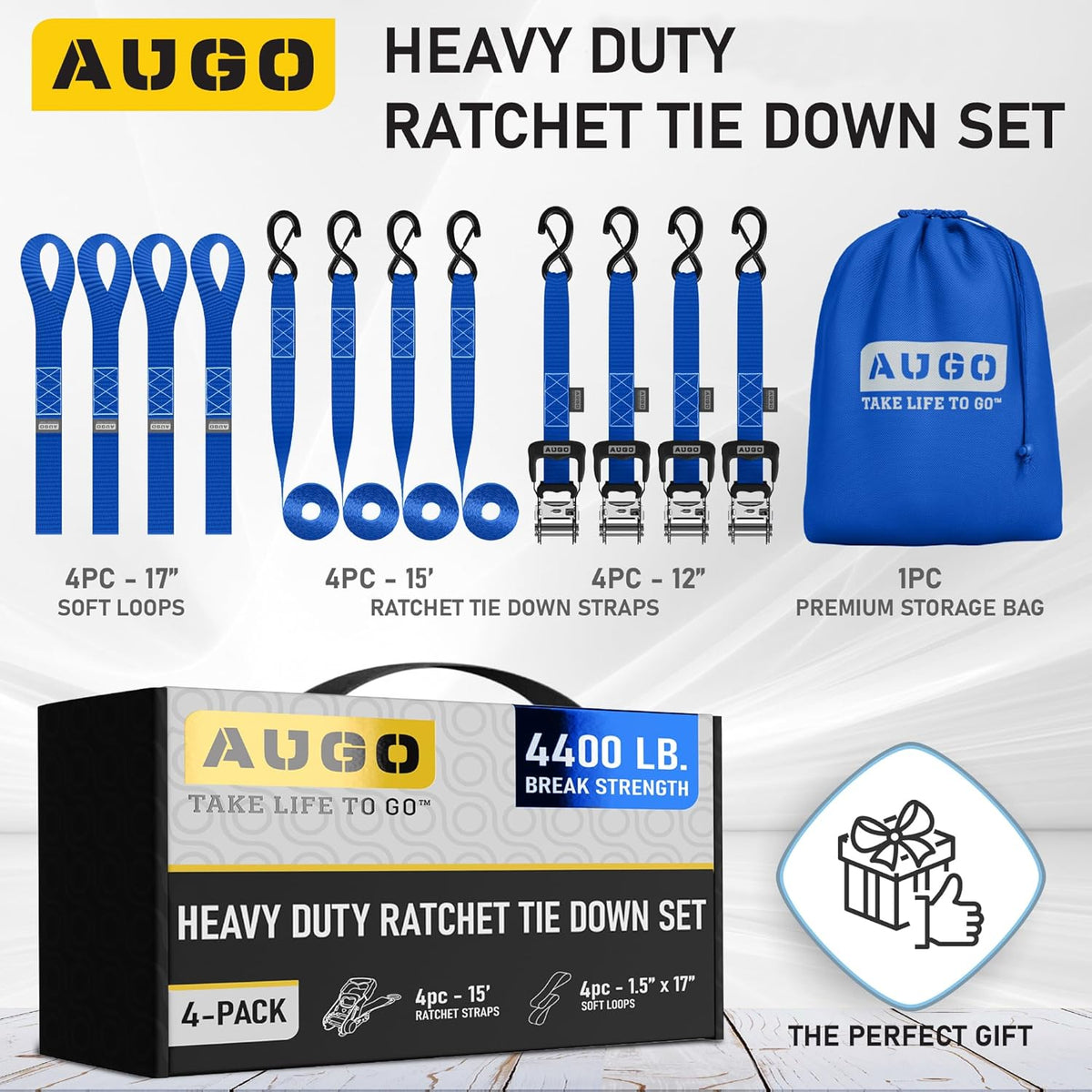 AUGO Ratchet Straps Heavy Duty 4 Pack -15 FT - 2200 LB Break Strength – with Safety Lock S Hooks - Cargo Straps for Moving, Appliances, Motorcycle – Soft Loop Tie Down Straps