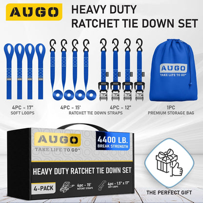 AUGO Ratchet Straps Heavy Duty 4 Pack -15 FT - 2200 LB Break Strength – with Safety Lock S Hooks - Cargo Straps for Moving, Appliances, Motorcycle – Soft Loop Tie Down Straps
