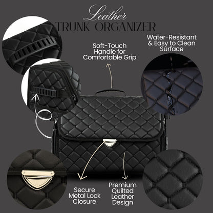 Leather Trunk Organizer with Lid for Suv and more, Foldable Car Organizer, Car Organizers and Storage with Pockets, Non-Slip Design (Black-Black)