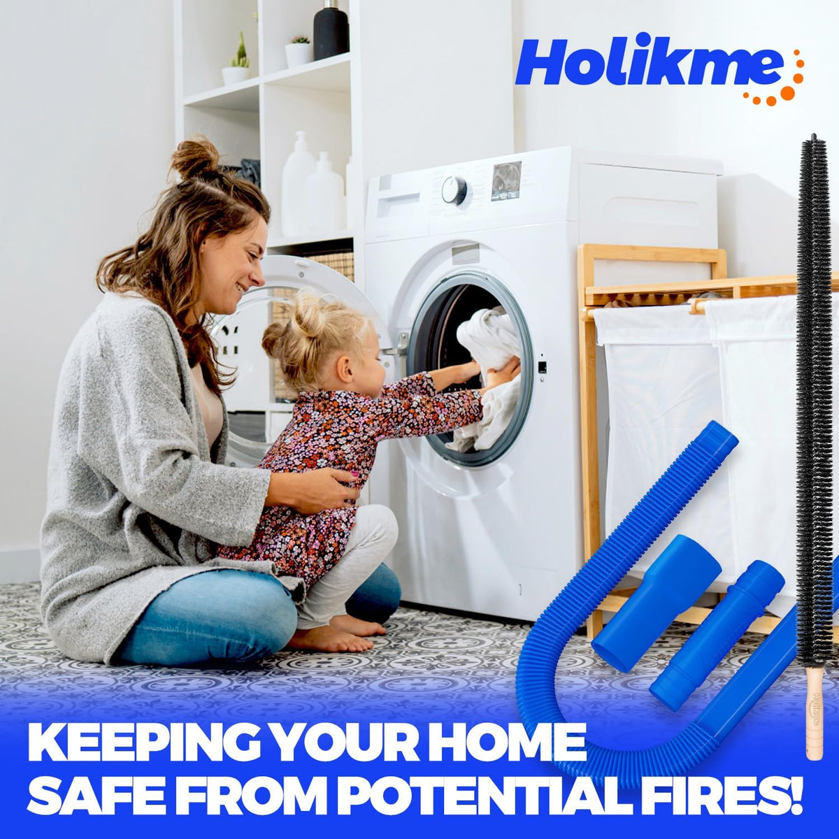 Holikme 2 Pieces Dryer Vent Cleaner Kit, Dryer Lint Vacuum Attachment and Flexible Dryer Lint Brush, Dryer Vent Vacuum Hose Attachment,Blue