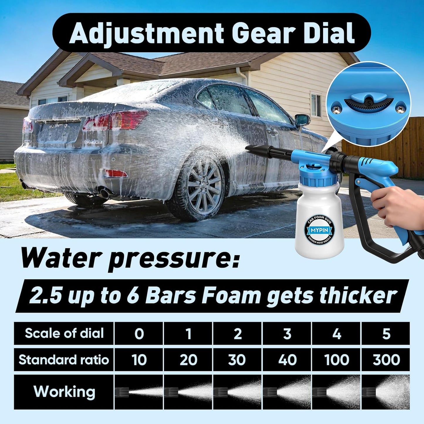 Car Wash Foam Gun/Hose Sprayer, 16 IN 1 Cannon, Adjustable with 2.5-6 Ratio Dial Foam Blaster, 1L Bottle, Nozzles, Mitten, 1/2” Quick Connector for Garden Hose, for Car/Garden Cleaning