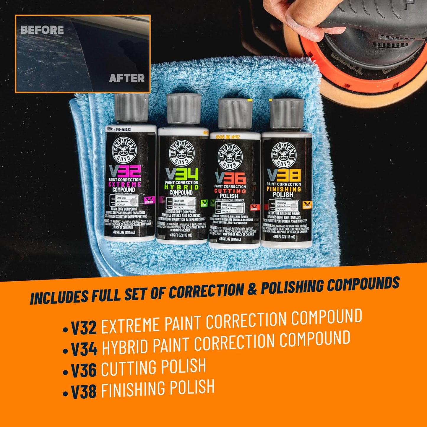 Chemical Guys TORQX Random Orbital Polisher, Pads, Polishes, and Compounds Kit - Car Polishing Kit Safe for Trucks, SUVs, Motorcycles, and More, 700W Motor, 8mm Orbit, 9-Piece Set