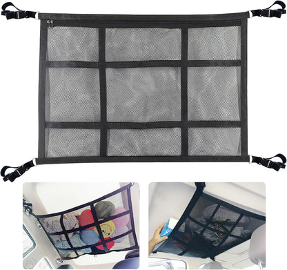 Car Ceiling Cargo Net for SUV,35.4"X25.6" Car Ceiling Storage,Load Capacity Automotive Cargo nets Interior Accessories for Van,Double-Layer Mesh Automotive Roof Camping Essentials