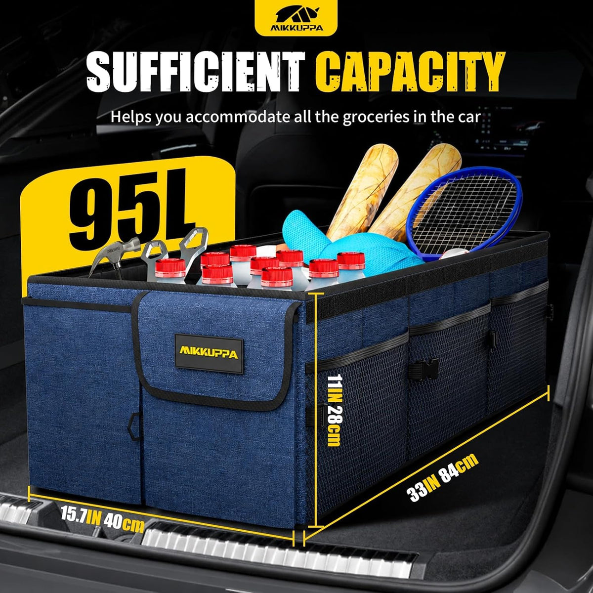 MIKKUPPA Car Trunk Organizer - 65L Collapsible Trunk Organizer with Lid, Sturdy Car Storage for SUV Auto Truck Van with Adjustable Straps and Non Slip Bottom (Black)