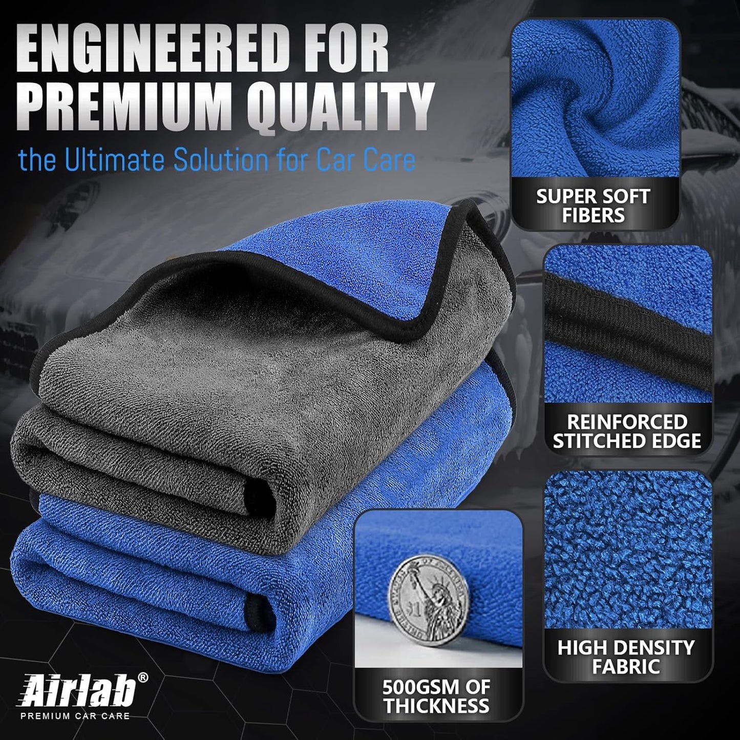 Airlab Microfiber Towels for Cars Wash Drying Thick Plush Cleaning Cloth Auto Detailing Super Absorbent for Interior & Exterior Lint Free, Streak Free, 16" X 16", 800 GSM, Pack of 4