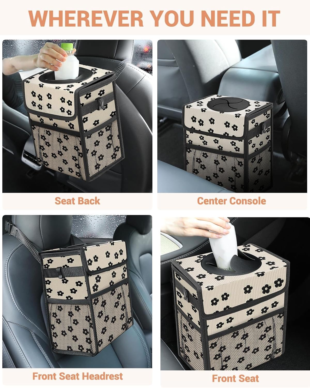 Capolo Car Trash Can with Lid, Leakproof Car Trash Bag Hanging Waterproof Automotive Garbage Can with Storage Pockets Mini Vehicle Trash Bin for Back/Front Seat(Black,2.5 Gallon)