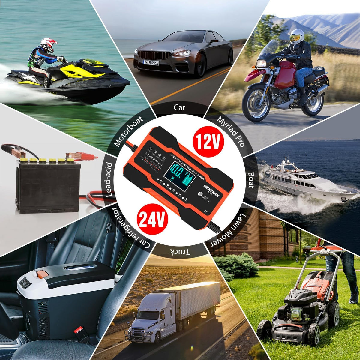 NEXPEAK NC201 10-Amp Battery Charger, Smart Trickle Charger 12V 24V Car Battery Charger Fully Automatic Maintainer Desulfator w/Temp Compensation for Car Truck Lawn Mower Boat Marine Batteries