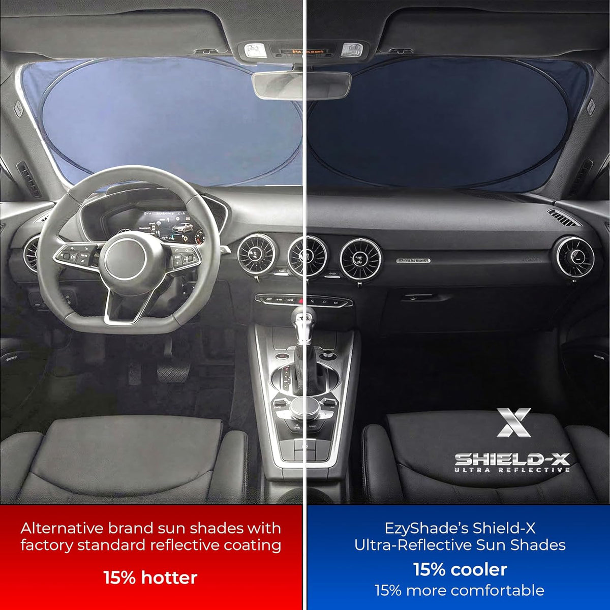 EzyShade Windshield Sun Shade with Shield-X Reflective Technology. See Size-Chart with Your Vehicle. Foldable 2-Piece Car Sunshades Reflect UV Sun and Heat and Protect Your Car. Standard (Medium) Size