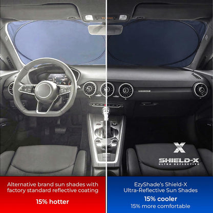 EzyShade Windshield Sun Shade with Shield-X Reflective Technology. See Size-Chart with Your Vehicle. Foldable 2-Piece Car Sunshades Reflect UV Sun and Heat and Protect Your Car. Standard (Medium) Size