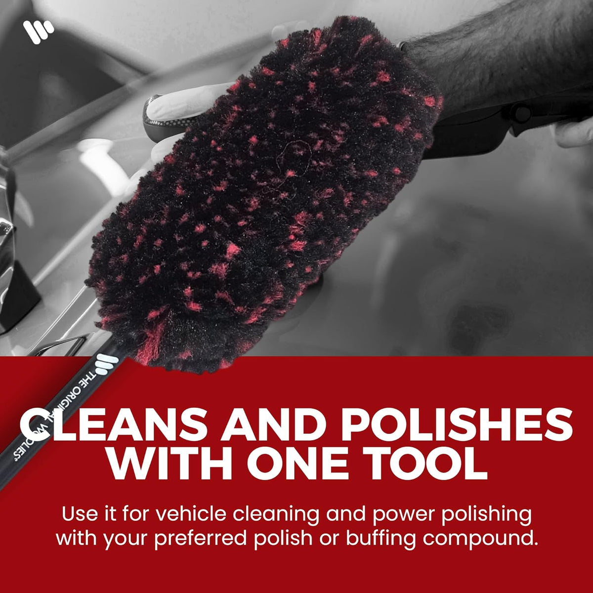 Wheel Woolie Drill Powered Wheel Cleaning Brush – 12“ Rim Brush Drill Attachment, Brake Dust Cleaner, Alloy Wheel & Spoke Cleaning Tool, No-Scratch Car Detailing Brush w/Hex Control Grip | Made in USA