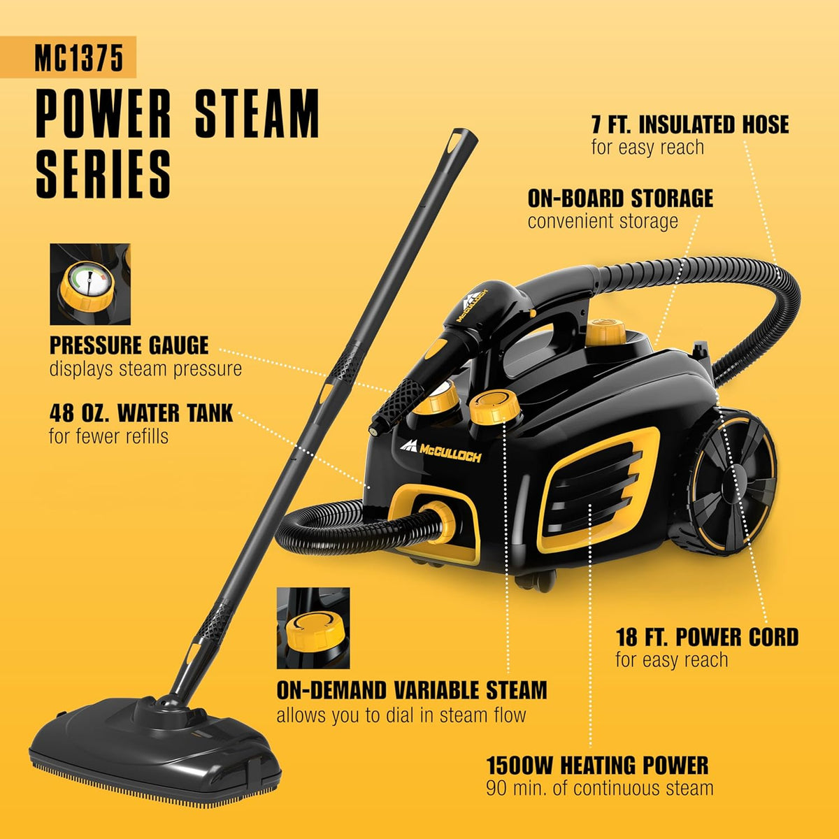 McCulloch MC1385 Deluxe Canister Steam Cleaner, 2-Hour Runtime, Chemical-Free, 23 Accessories: Mop Head, Brushes & More - Built for Home, Tile, Carpet, Furniture, & Personal Car Detailing