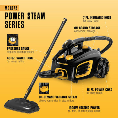 McCulloch MC1385 Deluxe Canister Steam Cleaner, 2-Hour Runtime, Chemical-Free, 23 Accessories: Mop Head, Brushes & More - Built for Home, Tile, Carpet, Furniture, & Personal Car Detailing