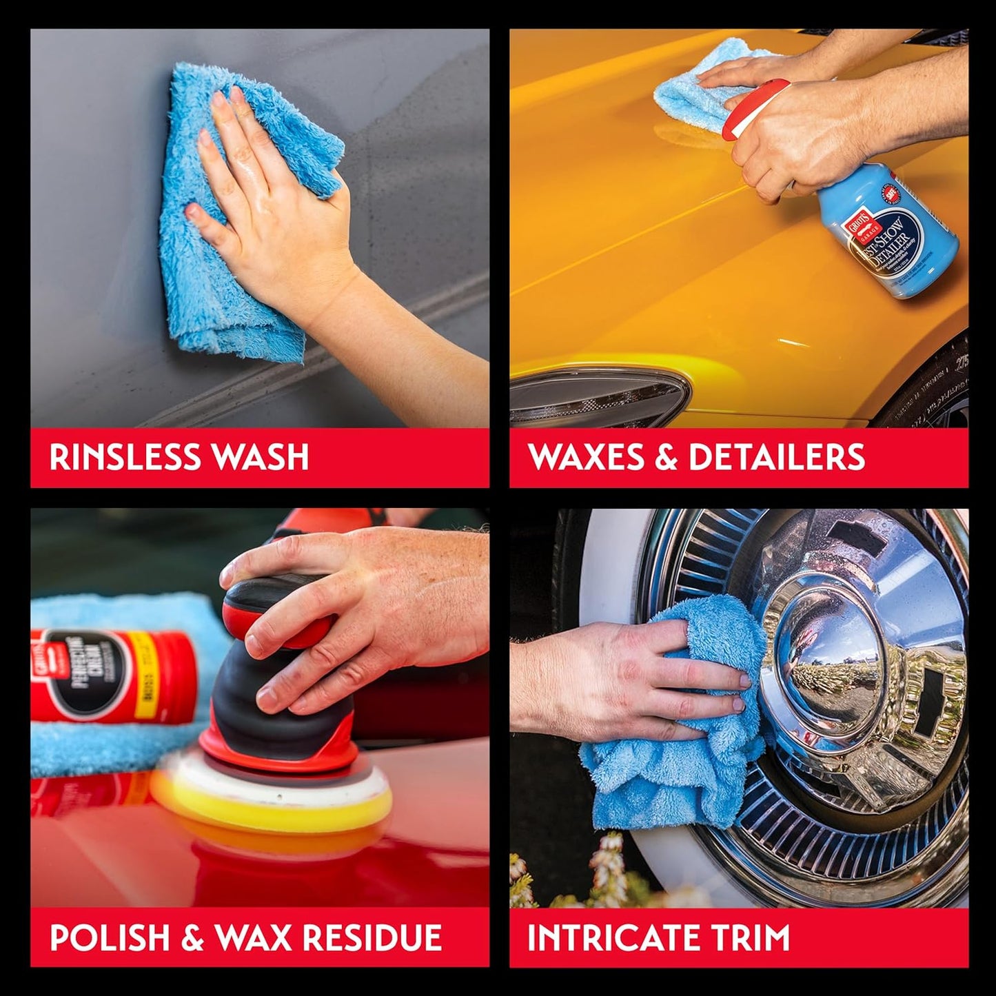 Griot's Garage Microfiber Plush Edgeless Towels, for Car Cleaning, Detailing and Polishing, Scratch-Free, 16” x 16”, Set of 6, 14901
