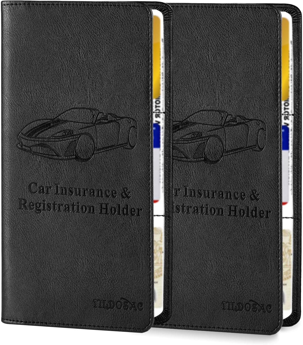 TILDOSAC 2Pack Leather Car Registration and Insurance Card Holder, Car Document Holder for Cards License with Magnetic Shut (Black)