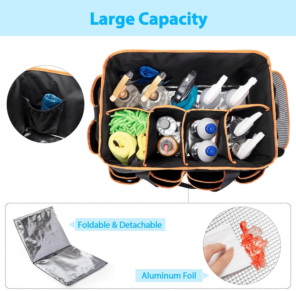 HODRANT Extra-Large Wearable Cleaning Caddy, Organizer Bag for Products, Housekeeper Tote With Pad, Handle & Divider, Car Wash Tools Bag for Detailing Supplies, Gray Edge