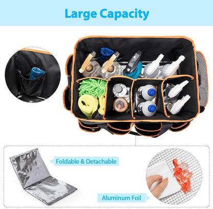 HODRANT Extra-Large Wearable Cleaning Caddy, Organizer Bag for Products, Housekeeper Tote With Pad, Handle & Divider, Car Wash Tools Bag for Detailing Supplies, Gray Edge
