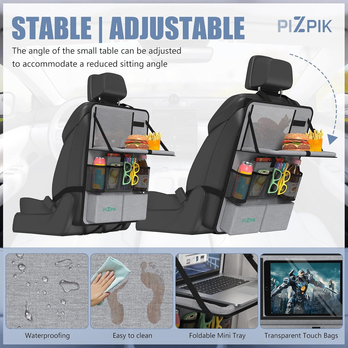 Plzpik Car Backseat Organizer with Tray(2Pack),13 Storage Pockets with Foldable Food Tray, Protector Kick Mats for Kids, Travel Accessories Organizer (Black)
