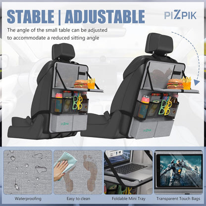Plzpik Car Backseat Organizer with Tray(2Pack),13 Storage Pockets with Foldable Food Tray, Protector Kick Mats for Kids, Travel Accessories Organizer (Black)