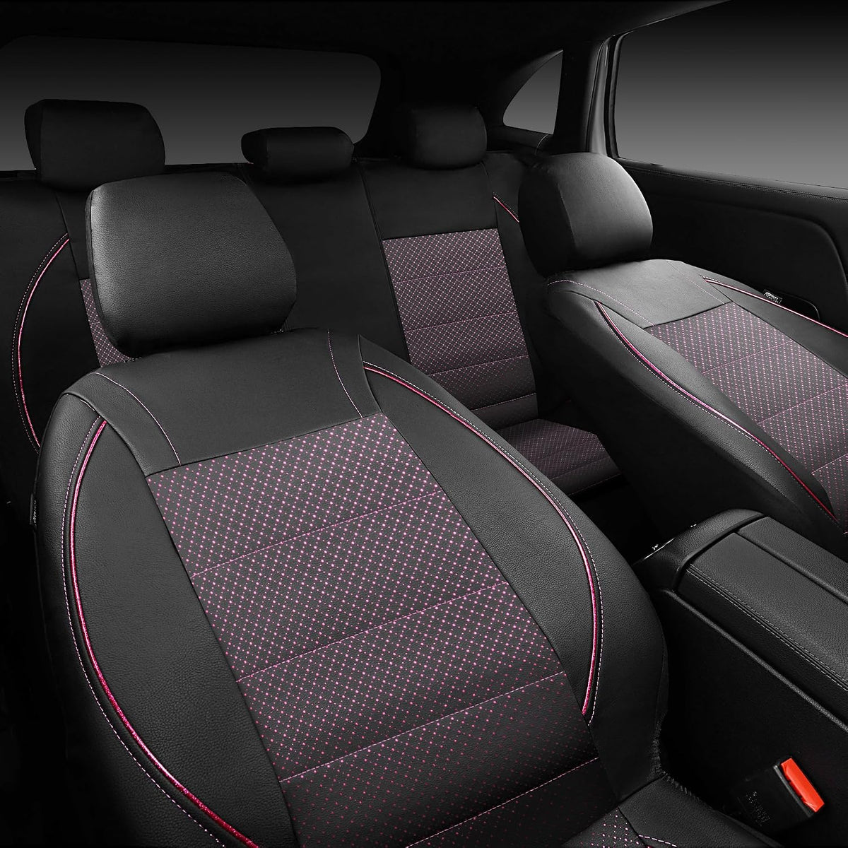 CAR PASS Universal FIT Piping Leather Two Front Seat Covers, Waterproof Faux Leather for SUV Sedan Van Truck, Airbag Compatible,Reserved Opening Holes for Headrest Covers. (Black red)