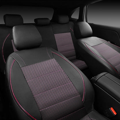 CAR PASS Universal FIT Piping Leather Two Front Seat Covers, Waterproof Faux Leather for SUV Sedan Van Truck, Airbag Compatible,Reserved Opening Holes for Headrest Covers. (Black red)